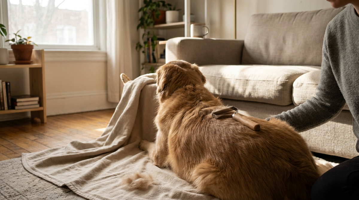 At-home grooming session using a deshedding tool on a dog's coat to manage loose fur