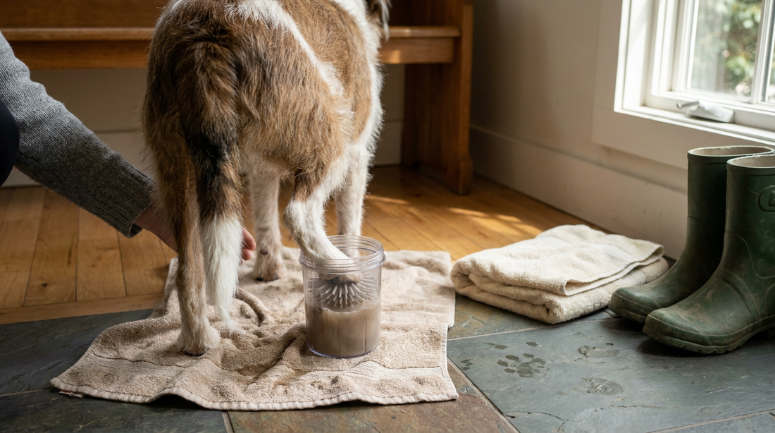 Dog standing on a towel as a paw is cleaned with water at a home entryway after a muddy walk.