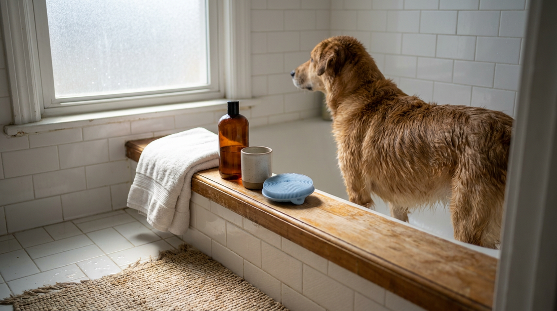 Gentle at-home dog bath setup with towel, rinse cup, and soft silicone bath scrubber