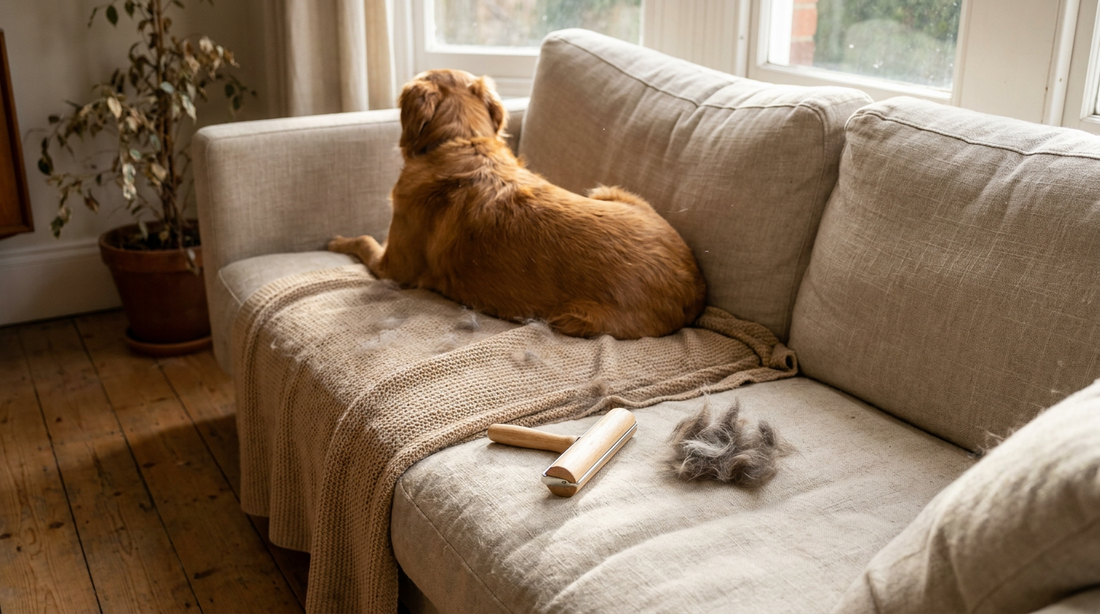 Dog resting on a sofa with loose fur and a reusable pet hair remover for fall cleanup