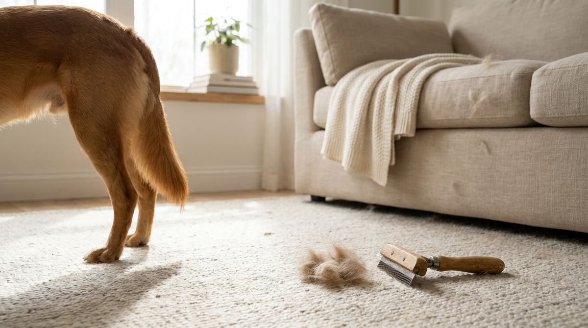 Dog seen from behind beside a deshedding tool during a summer grooming routine at home